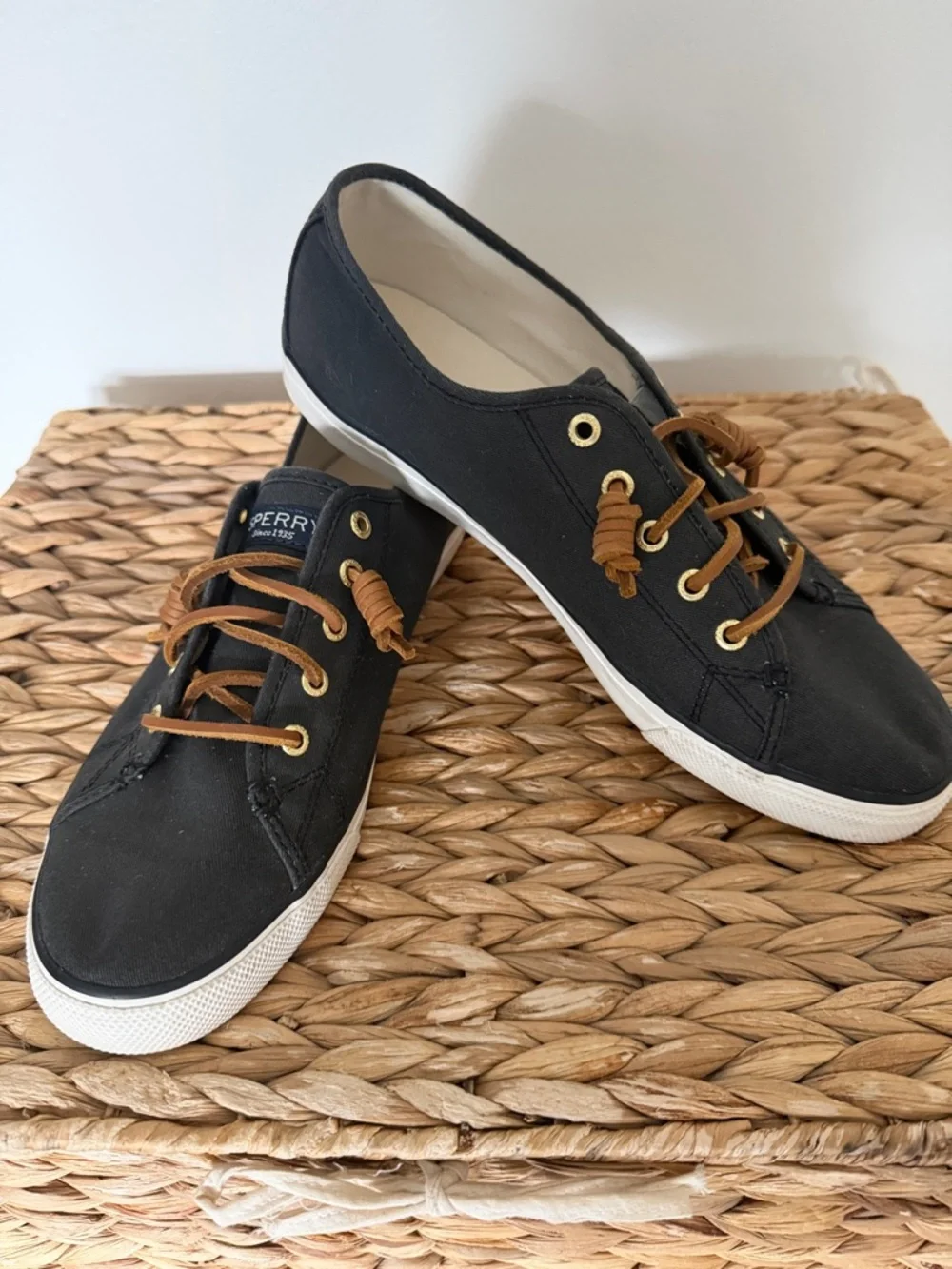 Sperry Black Canvas No tie Sneakers with Brown leather Laces - Picture 1 of 6